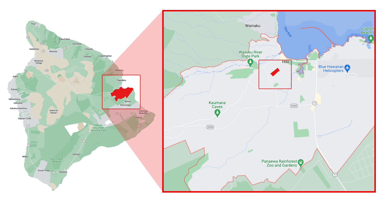 A map of Hawaii Island with an area of detail around the city of Hilo outlined in a red square. From this area of detail around Hilo, an enlarged map of the Hilo area is shown with another area of detail outlined within that which shows the area where the Hale Pueo campus planned build site is located. This area is shown as a small solid red rectangle located about half a mile south west of Hilo Bay.